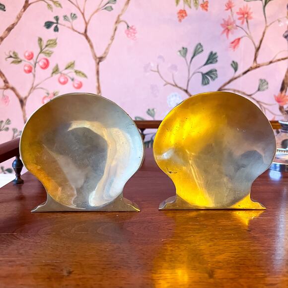 Vintage Pair 5in Solid Brass Seashells Book Ends Sculptures Decor - Picture 3 of 6